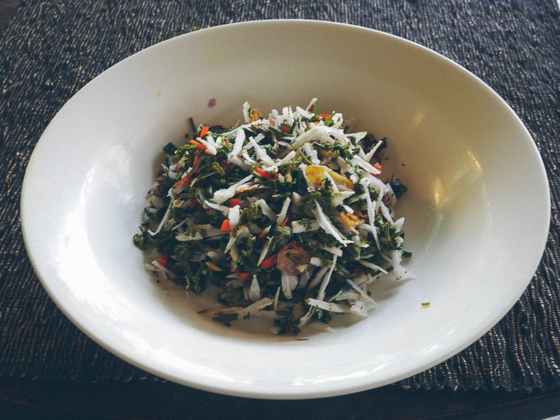 Urap Urap Sayur is a vegetable dish made with grated coconut, chilli, kefir and cassava leaves.